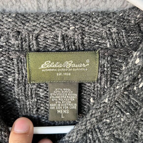 Eddie Bauer Sweater Mens L Gray Roll Neck Fisherman Cable Knit Wool Angora Blend - Picture 3 of 10